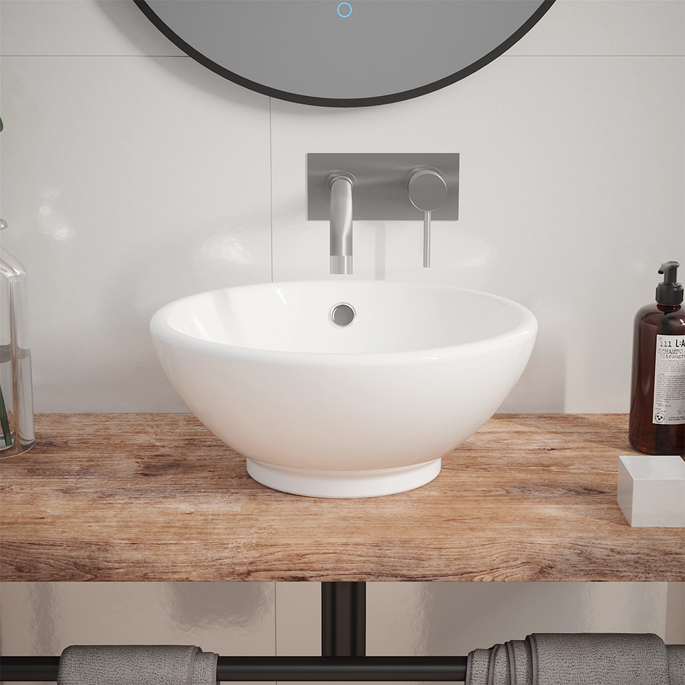 Lavabo da appoggio tondo con troppopieno 40x40x17 cm Bianco Lavabo da appoggio tondo con troppopieno 40x40x17 cm Bianco