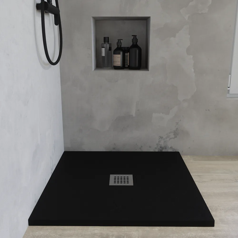 Piatto doccia quadrato 90x90 cm in marmoresina nero effetto pietra h3 cm | Milos Piatto doccia quadrato 90x90 cm in marmoresina nero effetto pietra h3 cm | Milos