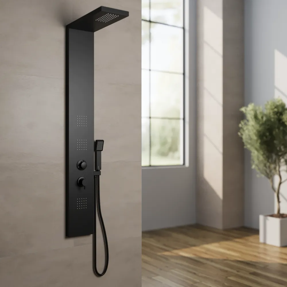 Pannello doccia squadrato in alluminio nero opaco, con doccino, 4 getti e 3 funzioni | Vals Pannello doccia squadrato in alluminio nero opaco, con doccino, 4 getti e 3 funzioni | Vals