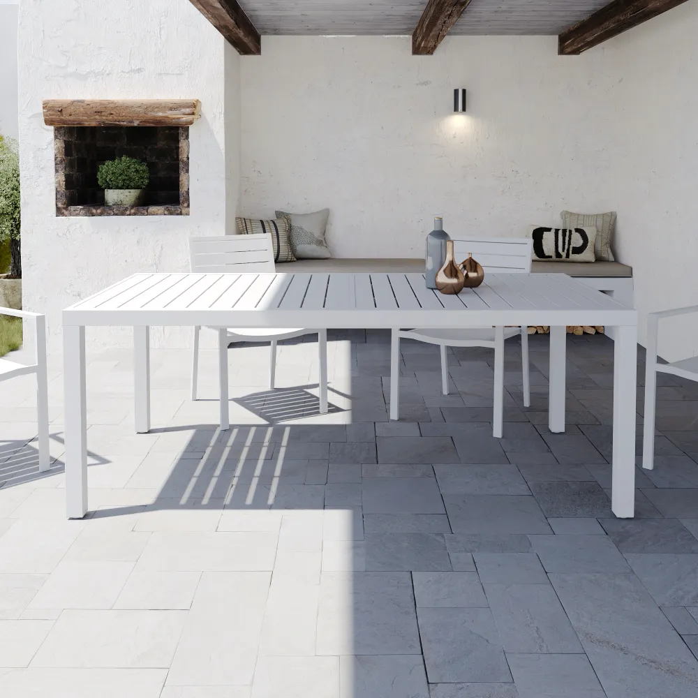 Tavolo da esterno rettangolare in alluminio bianco allungabile 200/300x100x75cm con top a doghe | Marel Tavolo da esterno rettangolare in alluminio bianco allungabile 200/300x100x75cm con top a doghe | Marel