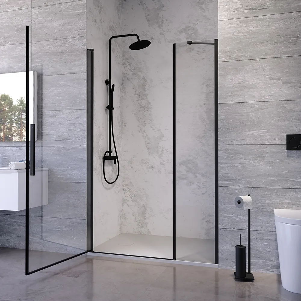Porta doccia 136-140cm apertura a battente con profili nero opaco e vetro da 6mm trasparente h195 | Elba Porta doccia 136-140cm apertura a battente con profili nero opaco e vetro da 6mm trasparente h195 | Elba