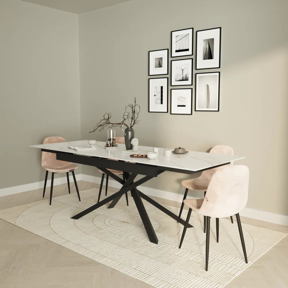 Tavolo allungabile 160-240x90cm top in ceramica effetto marmo e gambe incrociate in acciaio nero | Kari Tavolo allungabile 160-240x90cm top in ceramica effetto marmo e gambe incrociate in acciaio nero | Kari