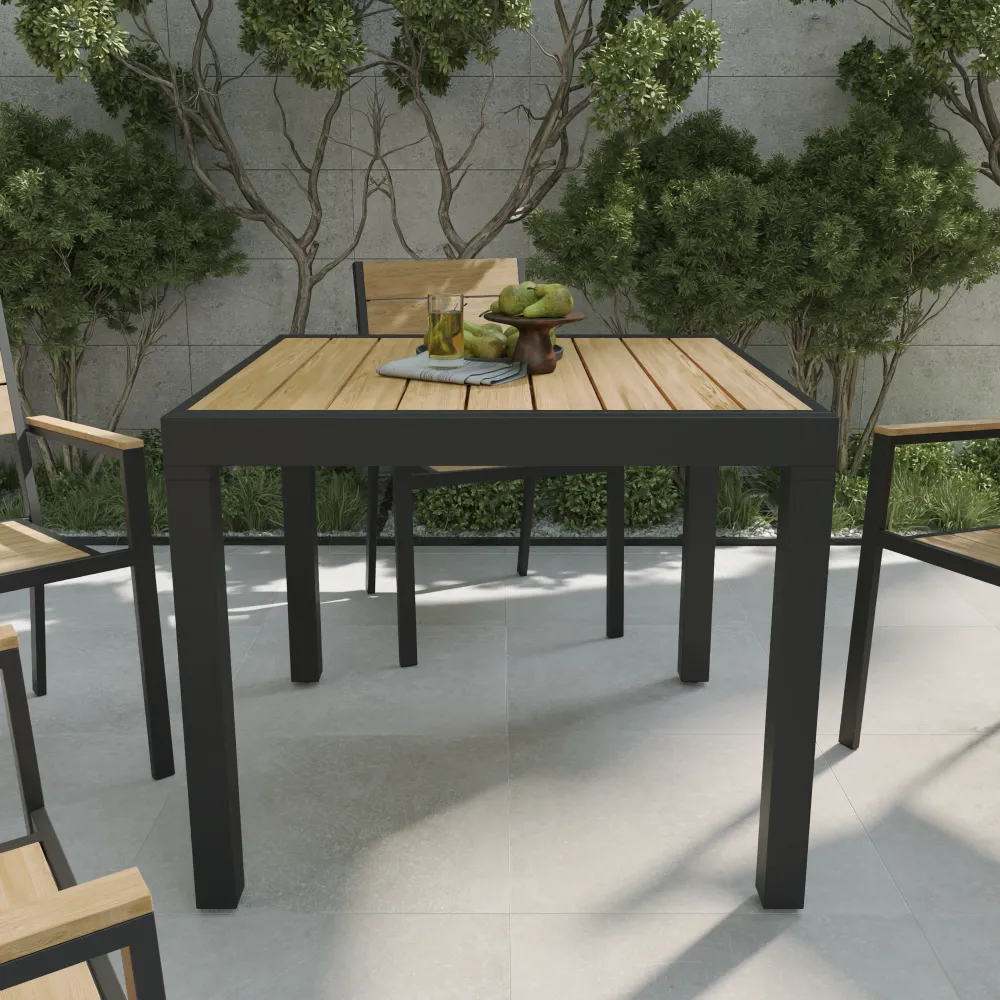 Tavolo da esterno rettangolare in alluminio nero allungabile 90/180x90x74cm con top a doghe in polywood effetto legno| Camir