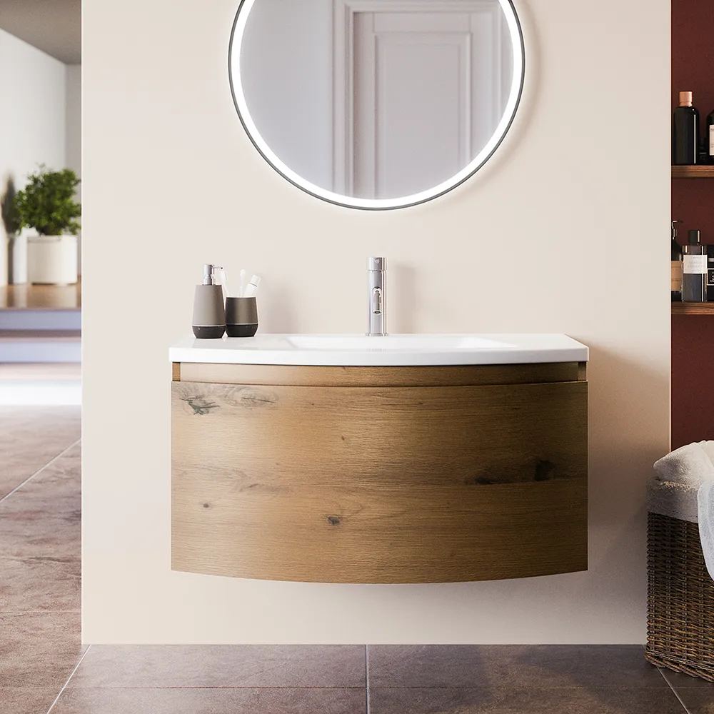 Mobile sospeso 100 cm rovere oro con un cassetto e lavabo in ceramica, frontale curvo | Lula Mobile sospeso 100 cm rovere oro con un cassetto e lavabo in ceramica, frontale curvo | Lula