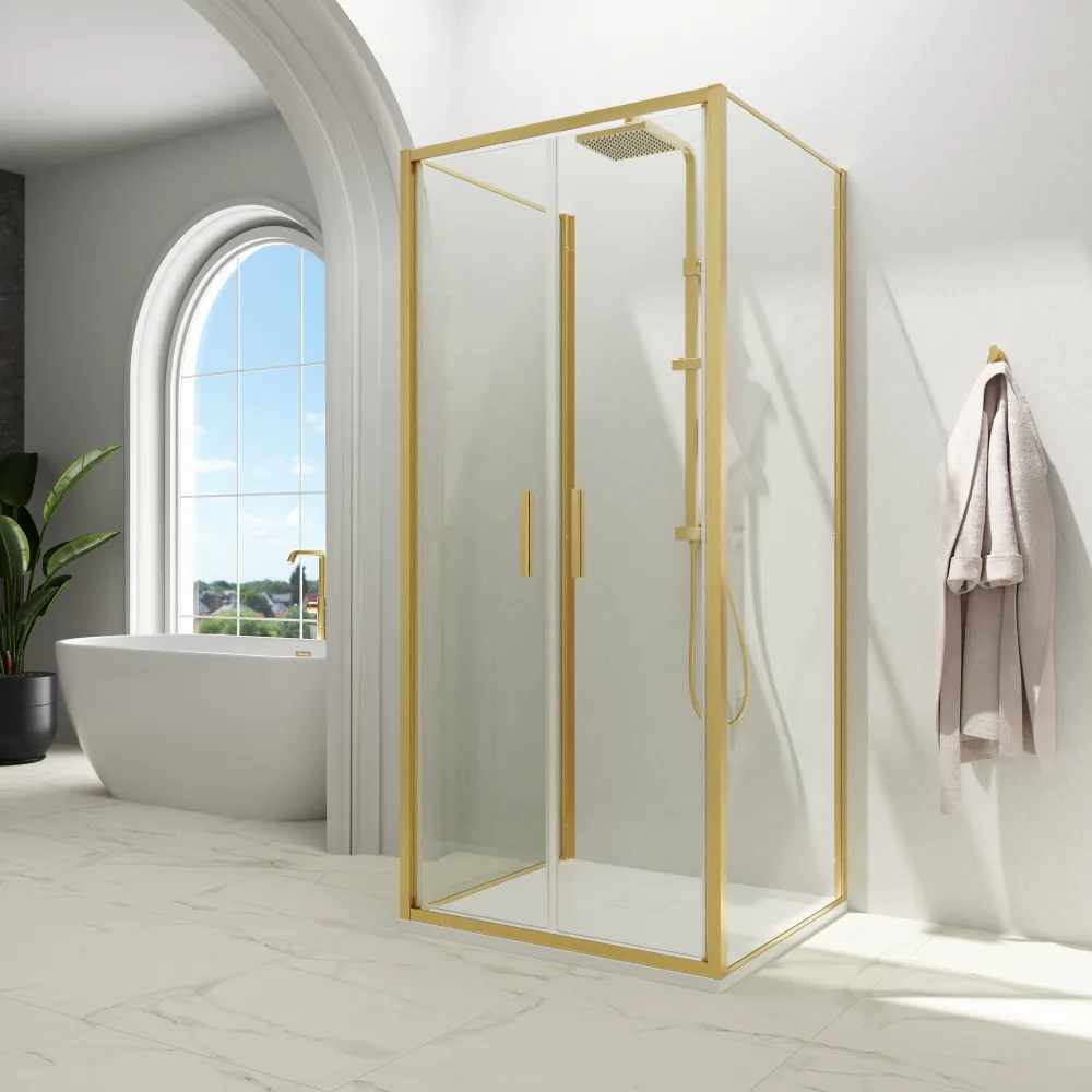 Box doccia 3 lati 70x75x70cm con porta saloon profili oro spazzolato vetro 6mm trasparente anticalcare h190| Portofino Box doccia 3 lati 70x75x70cm con porta saloon profili oro spazzolato vetro 6mm trasparente anticalcare h190| Portofino