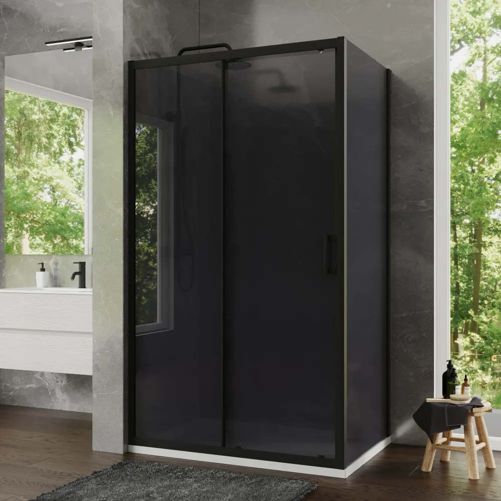 Box doccia 80x140 cm scorrevole profili nero opaco vetro temperato 6mm fumè anticalcare h198 | Tahiti Box doccia 80x140 cm scorrevole profili nero opaco vetro temperato 6mm fumè anticalcare h198 | Tahiti
