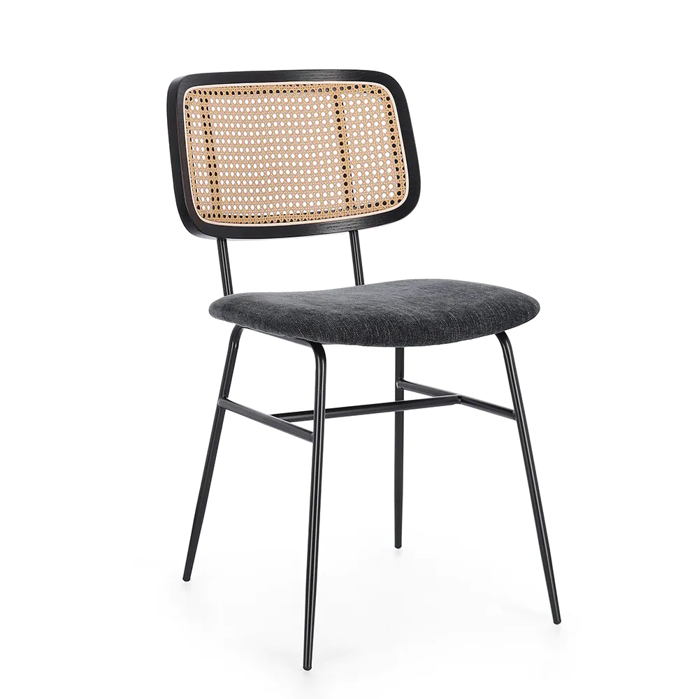 Set 2 sedie seduta grigio scuro con gambe in acciaio nero e schienale effetto rattan | Glenna Set 2 sedie seduta grigio scuro con gambe in acciaio nero e schienale effetto rattan | Glenna