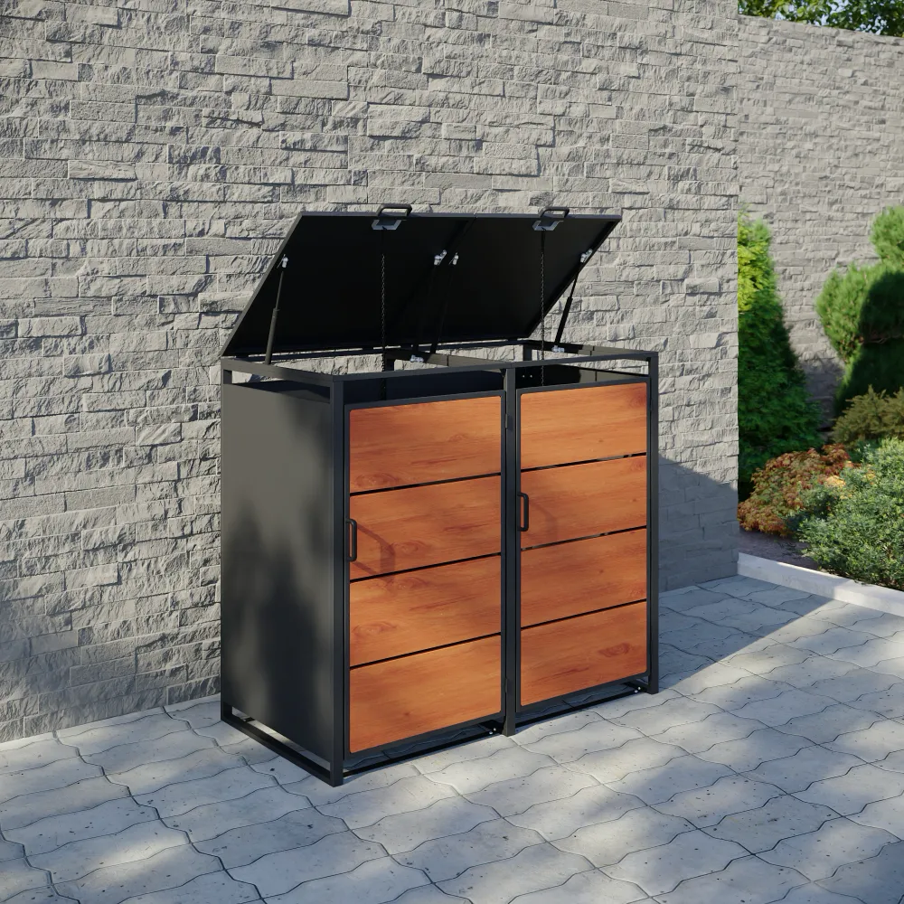 Copri bidoni 2 cassonetti 120L 116x60x105cm in acciaio zincato profili neri con pannelli effetto legno | Kubo Copri bidoni 2 cassonetti 120L 116x60x105cm in acciaio zincato profili neri con pannelli effetto legno | Kubo