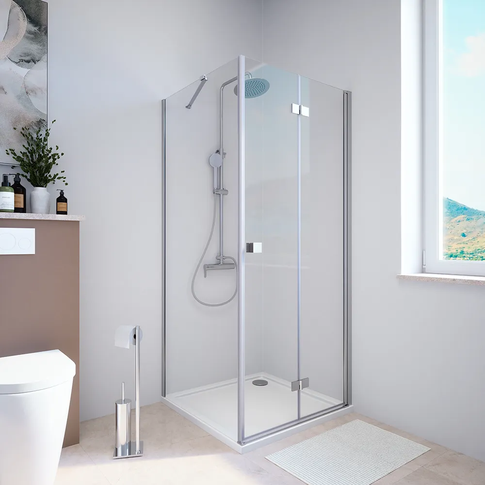 Box doccia 70x70 cm con apertura a libro lato destro e parete fissa, profili cromati e vetro 8mm trasparente h195 | Fiji Box doccia 70x70 cm con apertura a libro lato destro e parete fissa, profili cromati e vetro 8mm trasparente h195 | Fiji