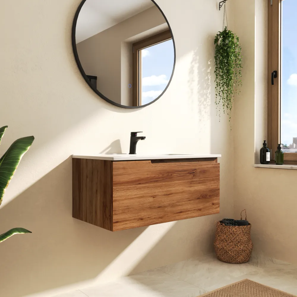 Mobile bagno sospeso 80 cm un cassetto rovere scuro con lavabo | Berg Mobile bagno sospeso 80 cm un cassetto rovere scuro con lavabo | Berg