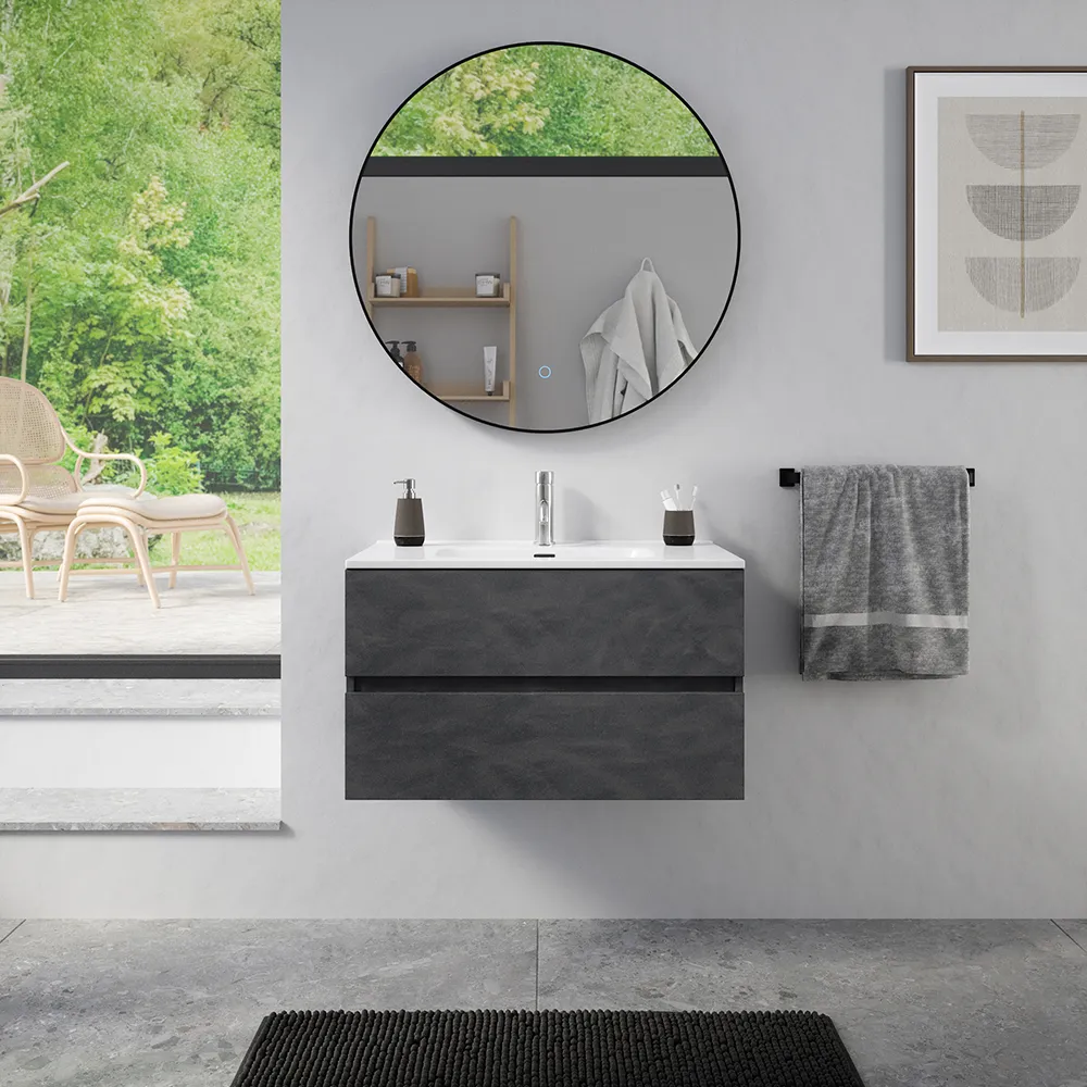 Mobile da bagno sospeso 60 cm effetto cemento scuro con lavabo| Yili Mobile da bagno sospeso 60 cm effetto cemento scuro con lavabo| Yili