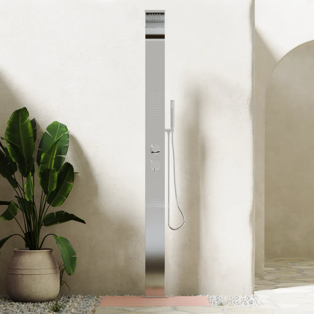 Colonna doccia da esterno cromato 3 funzioni con base in plastica effetto legno | Gincko
