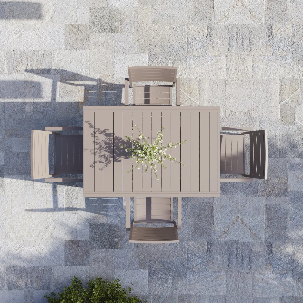 Set da esterno tortora con tavolo allungabile 135/270x74cm e 4 sedie in alluminio| Zenor Set da esterno tortora con tavolo allungabile 135/270x74cm e 4 sedie in alluminio| Zenor