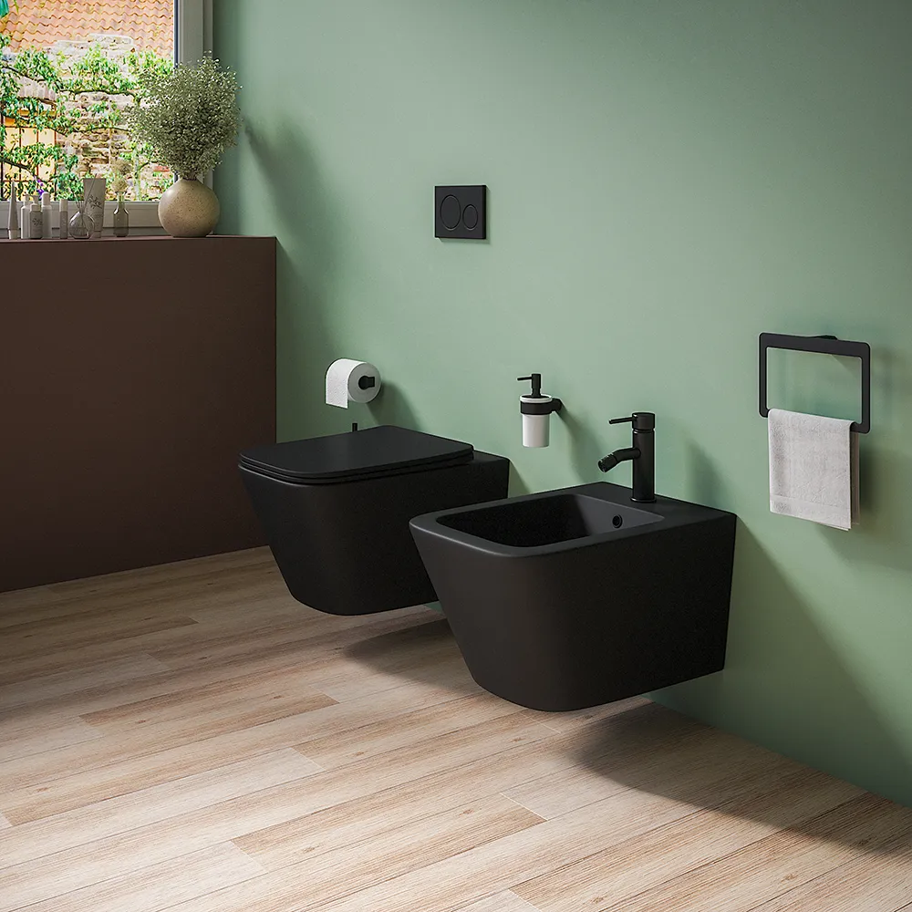 Coppia sanitari in ceramica sospesi vaso rimless, bidet e copri-wc nero opaco | Kyoto Coppia sanitari in ceramica sospesi vaso rimless, bidet e copri-wc nero opaco | Kyoto