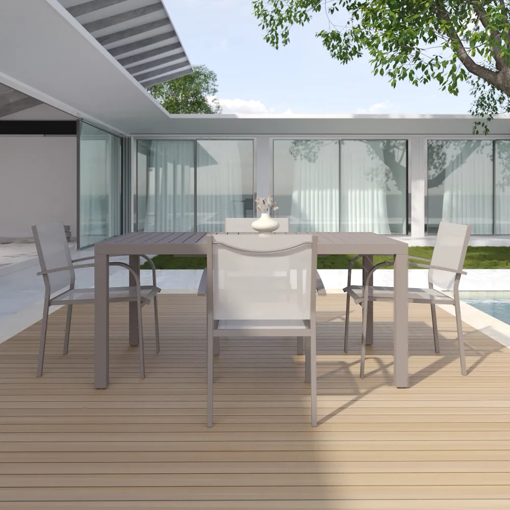 Set da esterno tortora con tavolo allungabile 160/240x75cm e 4 sedie in alluminio e textilene con braccioli tondi | Marel