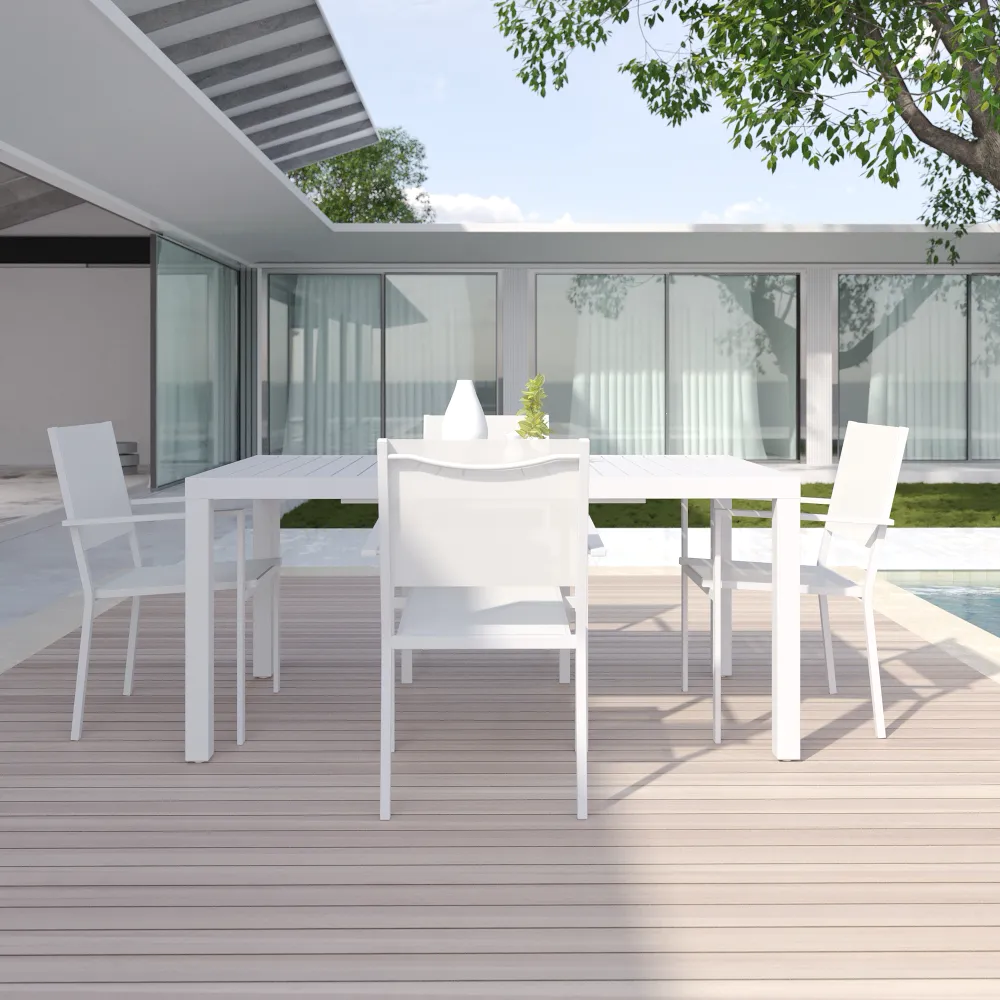 Set da esterno bianco con tavolo allungabile 160/240x75cm e 4 sedie in alluminio e textilene con braccioli squadrati | Marel Set da esterno bianco con tavolo allungabile 160/240x75cm e 4 sedie in alluminio e textilene con braccioli squadrati | Marel