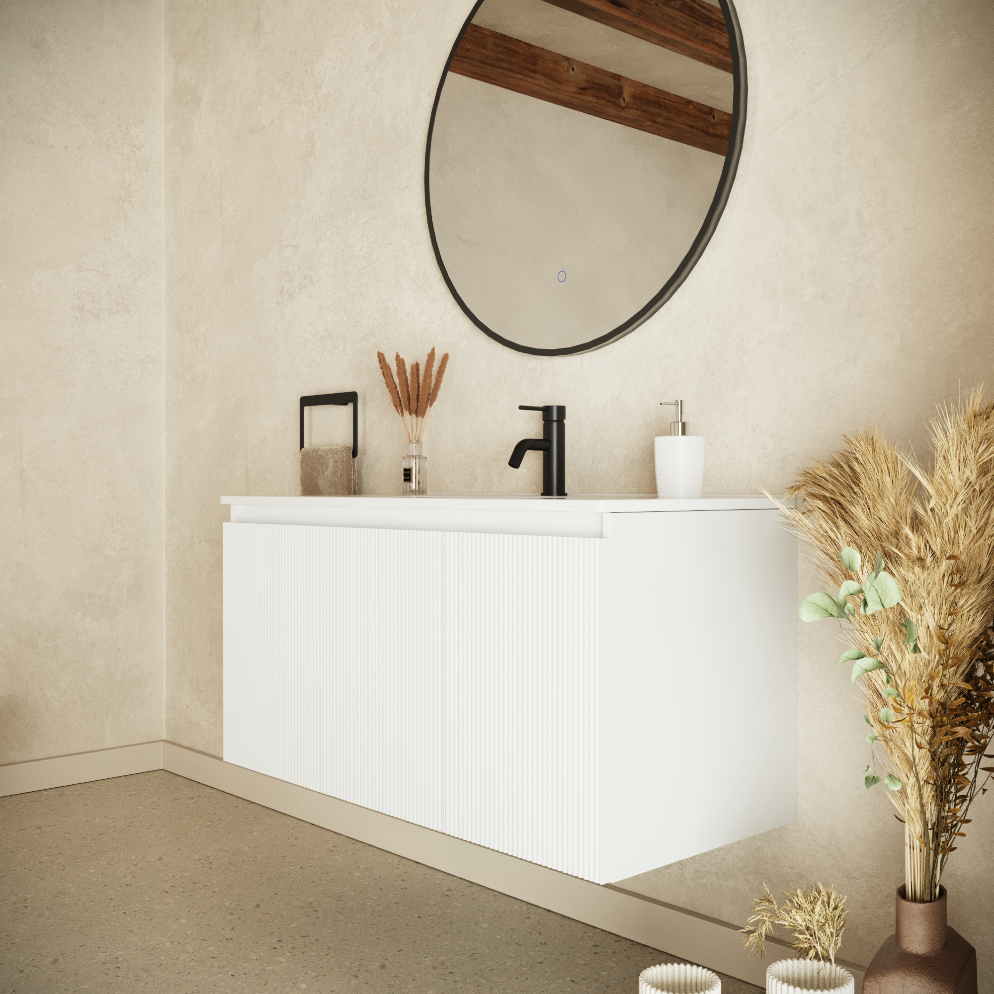 Mobile bagno sospeso 100cm tre ante bianco opaco cannettato con lavabo bianco lucido | Pelion