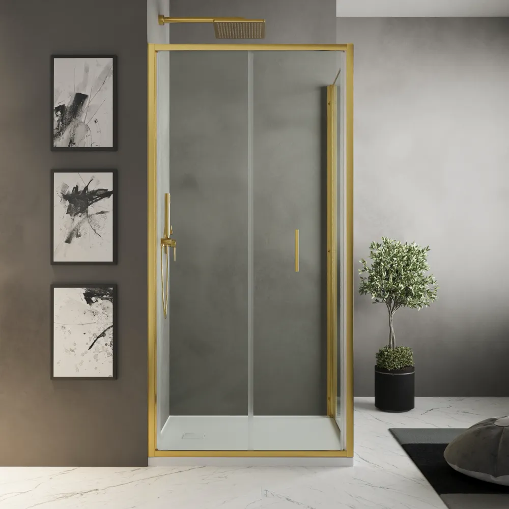 Box doccia slim 75x80cm con porta a libro e parete fissa profili oro spazzolato e vetro 6mm trasparente anticalcare h190| Portofino