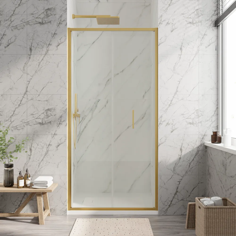 Porta doccia 75cm con apertura a libro profili slim oro spazzolato vetro 6mm trasparente anticalcare h190 | Portofino