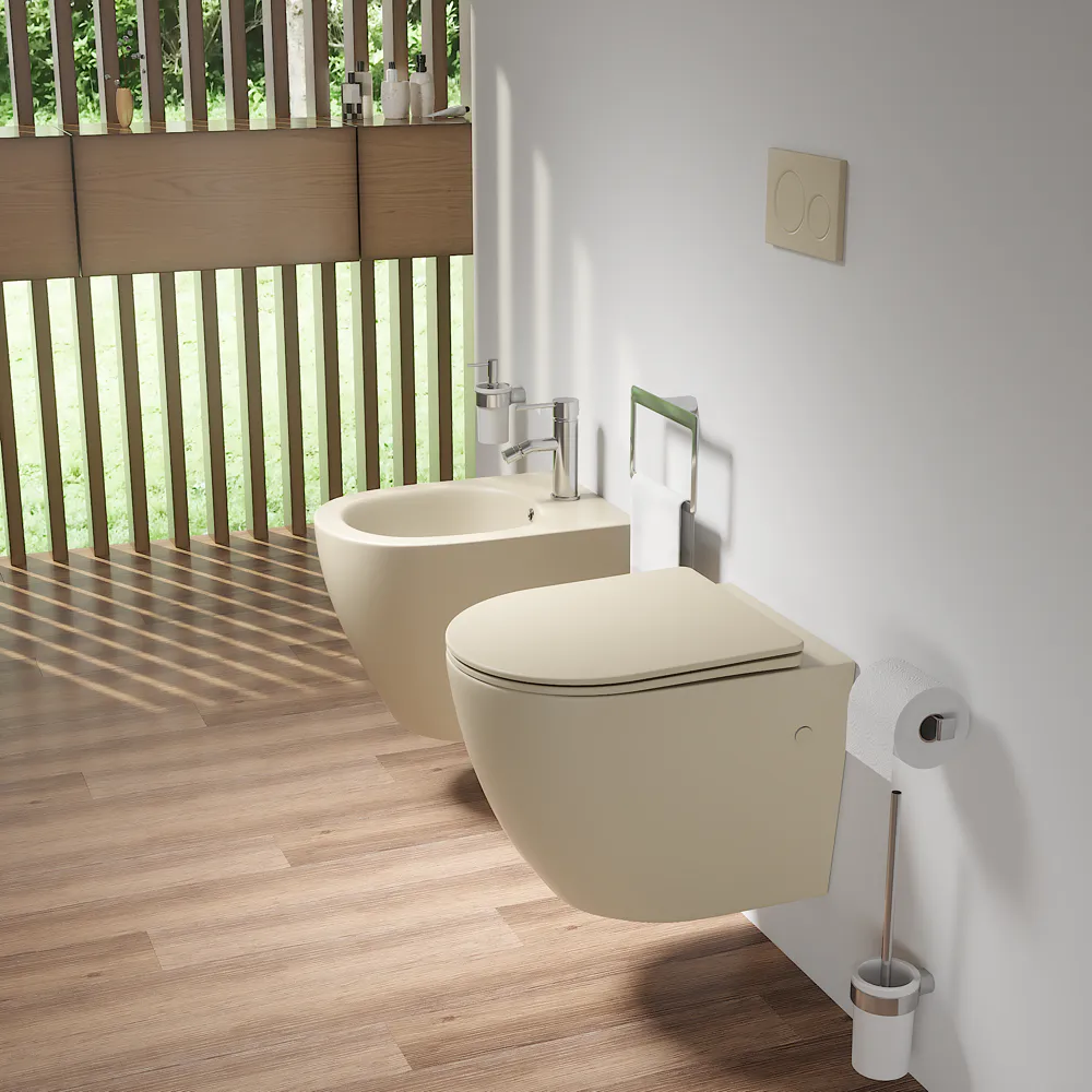 Sanitari sospesi in ceramica khaki opaco vaso rimless sedile softc-close e bidet | Europa Small
