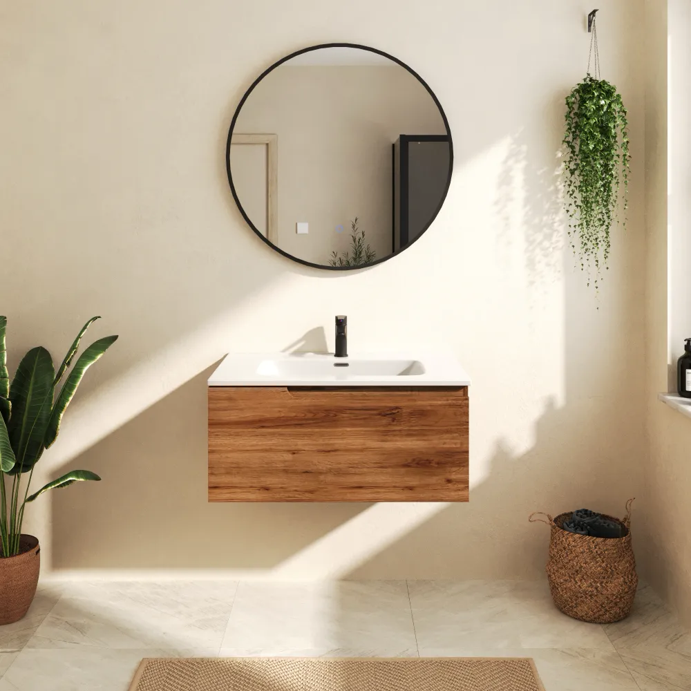 Mobile bagno sospeso 80 cm un cassetto rovere scuro con lavabo | Berg