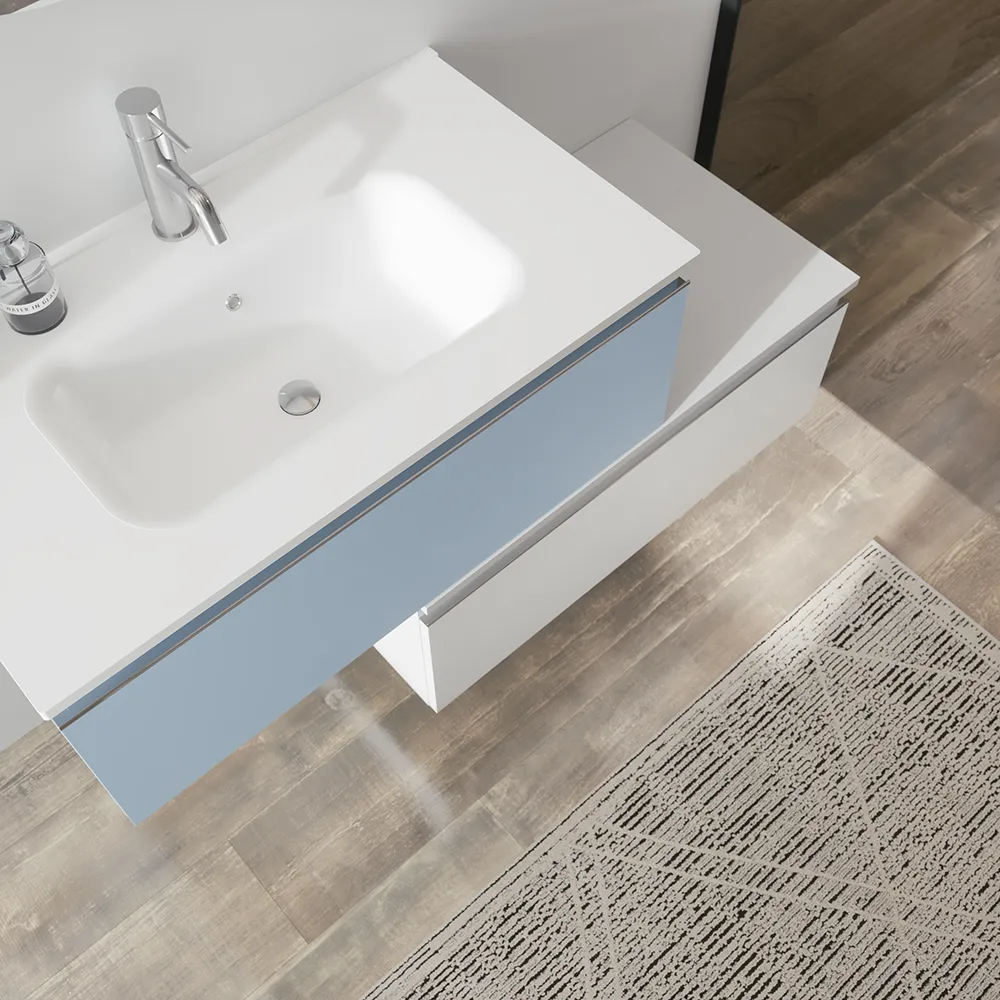 Mobile bagno sospeso 60 cm blu pastello con lavabo e cassettone bianco opaco | Darwin Mobile bagno sospeso 60 cm blu pastello con lavabo e cassettone bianco opaco | Darwin