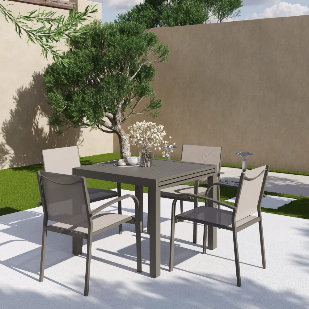Set da esterno tortora con tavolo allungabile 90/180x74cm e 4 sedie in alluminio con textilene e braccioli tondi | Marel