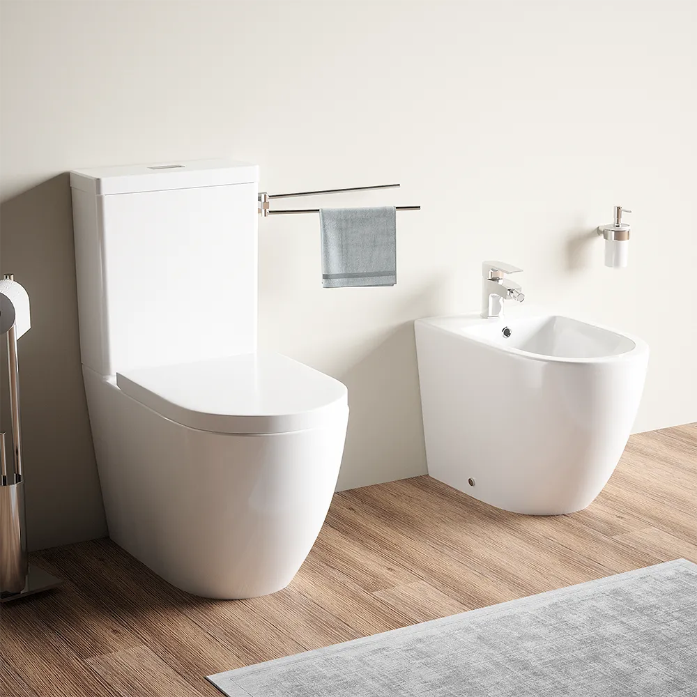 Coppia sanitari filomuro vaso tornado silent flush, sedile soft-close e bidet | Roma Coppia sanitari filomuro vaso tornado silent flush, sedile soft-close e bidet | Roma