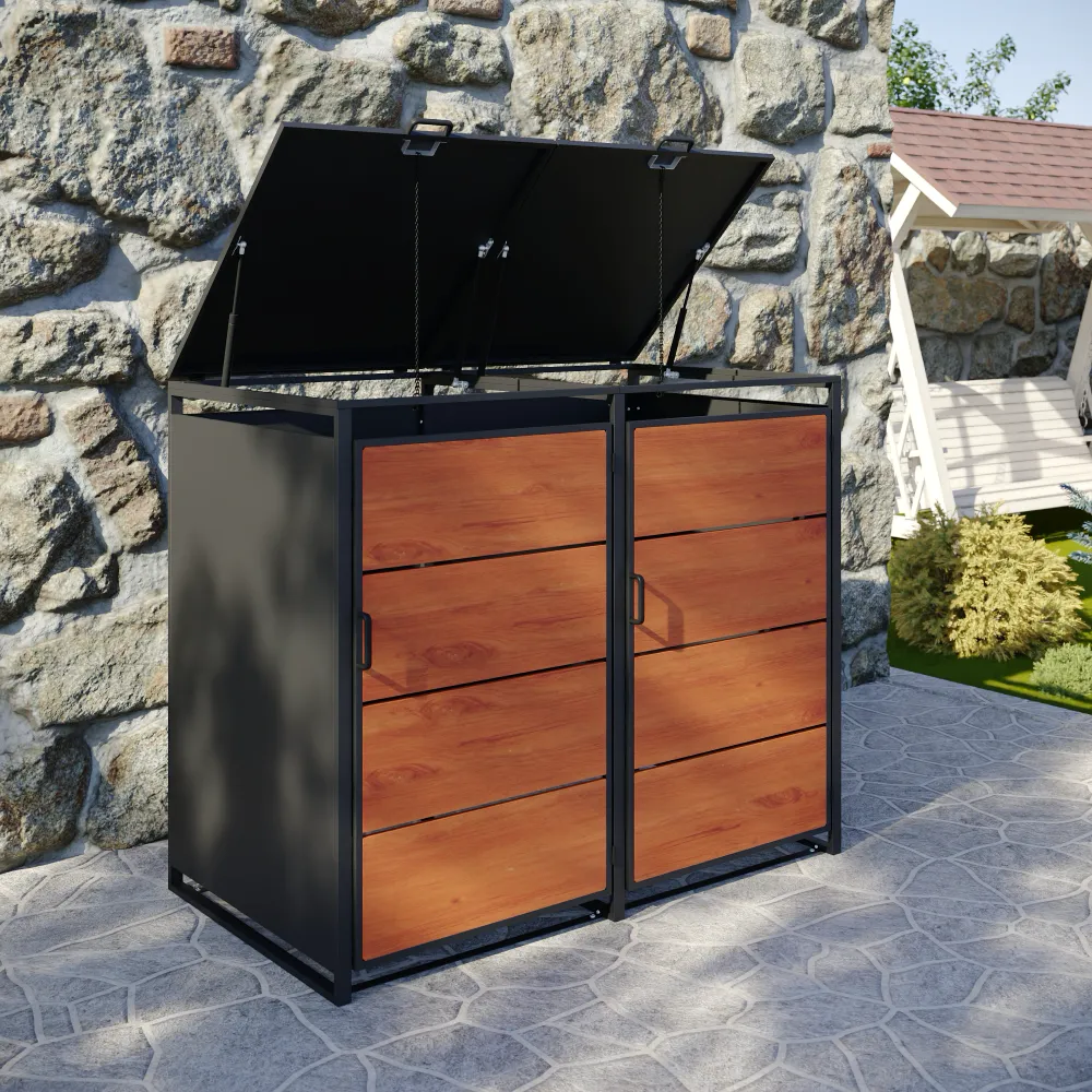 Copri bidoni 2 cassonetti 240L 137x75x115cm in acciaio zincato profili neri con pannelli effetto legno | Kubo Copri bidoni 2 cassonetti 240L 137x75x115cm in acciaio zincato profili neri con pannelli effetto legno | Kubo