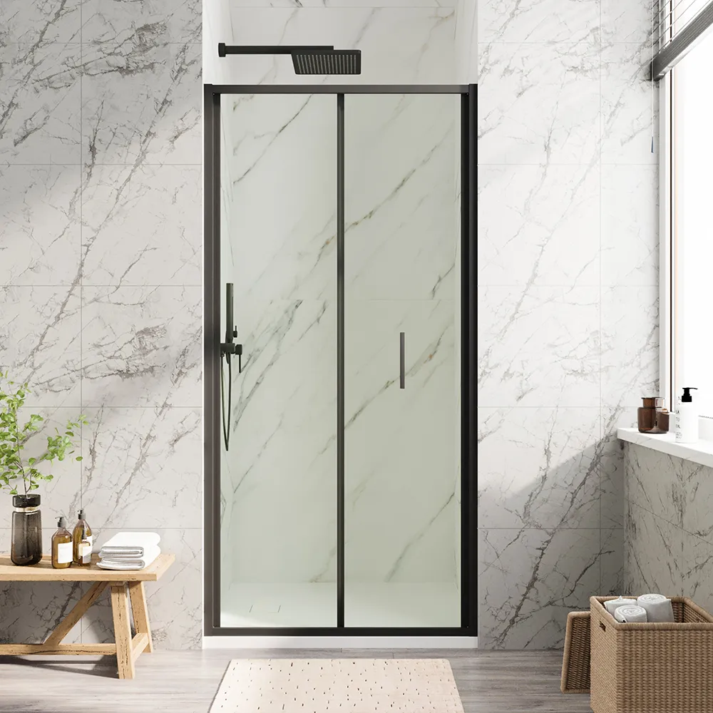 Porta doccia 90cm con apertura a libro profili slim nero opaco vetro 6mm trasparente h190 | Portofino Porta doccia 90cm con apertura a libro profili slim nero opaco vetro 6mm trasparente h190 | Portofino