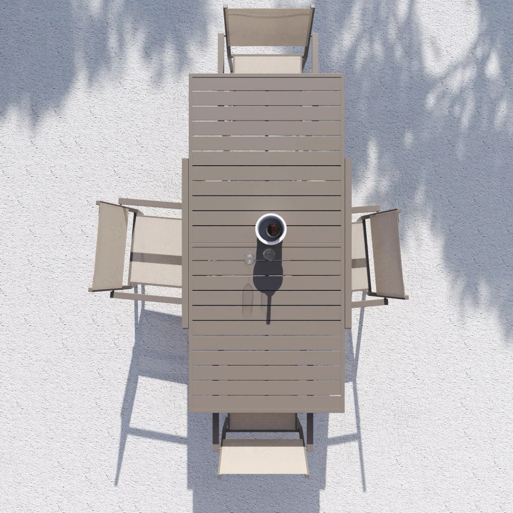 Set da esterno tortora con tavolo allungabile 90/180x74cm e 4 sedie in alluminio con textilene e braccioli squadrati | Marel Set da esterno tortora con tavolo allungabile 90/180x74cm e 4 sedie in alluminio con textilene e braccioli squadrati | Marel