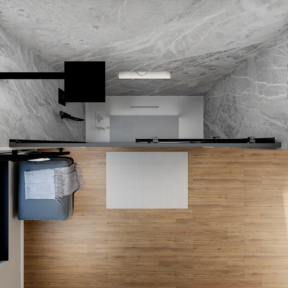 Porta doccia per nicchia mod. Sicily con profili alluminio nero e vetro temperato fume - Vista superiore Porta doccia per nicchia mod. Sicily con profili alluminio nero e vetro temperato fume - Vista superiore