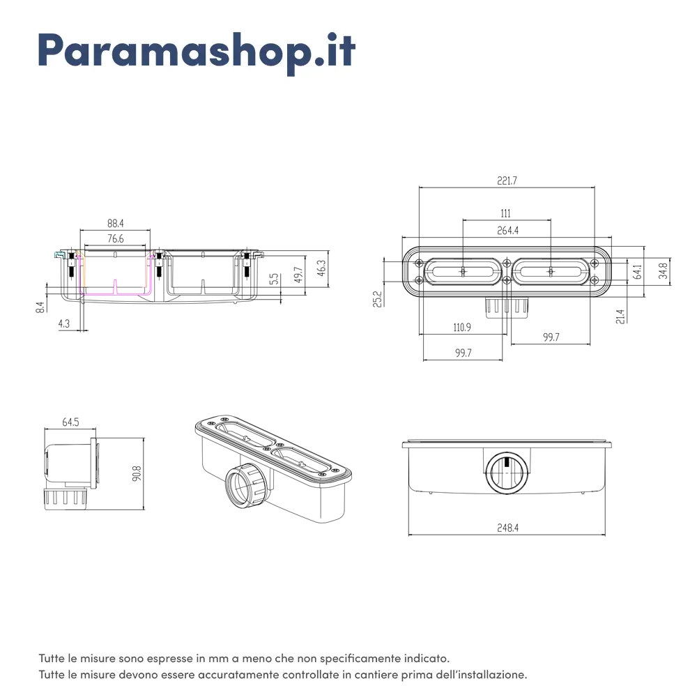 Piletta di scarico per piatto doccia modelli Paros e Merlera Piletta di scarico per piatto doccia modelli Paros e Merlera