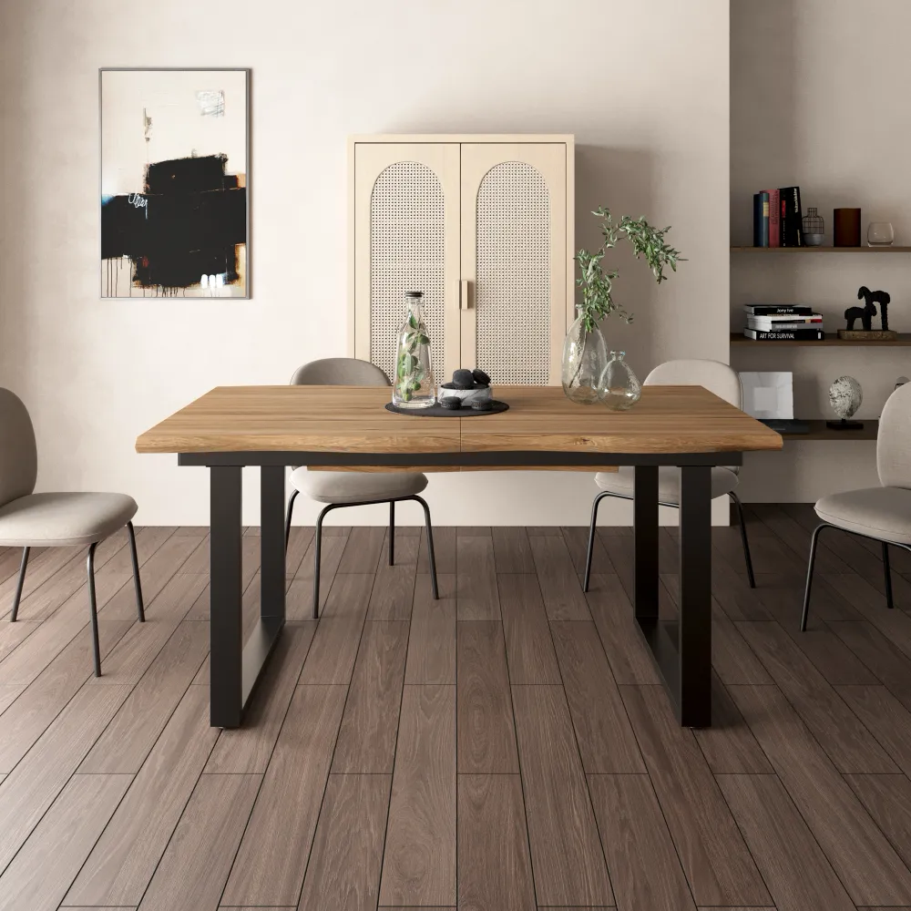 Tavolo allungabile 160-240x90cm top in MDF rovere scuro e gambe in acciaio nero a U | Lars