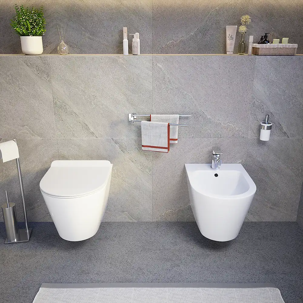 Sanitari sospesi in ceramica bianco lucido vaso rimless sedile soft-close e bidet | Barcellona Sanitari sospesi in ceramica bianco lucido vaso rimless sedile soft-close e bidet | Barcellona