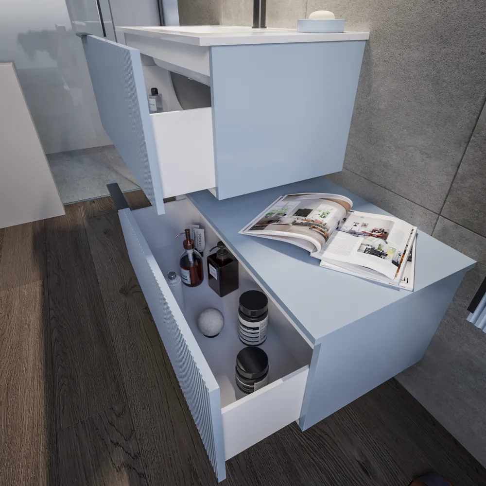 Mobile bagno sospeso modulare cannettato 90 cm azzurro capri due cassetti con lavabo e colonna | Fuji Mobile bagno sospeso modulare cannettato 90 cm azzurro capri due cassetti con lavabo e colonna | Fuji