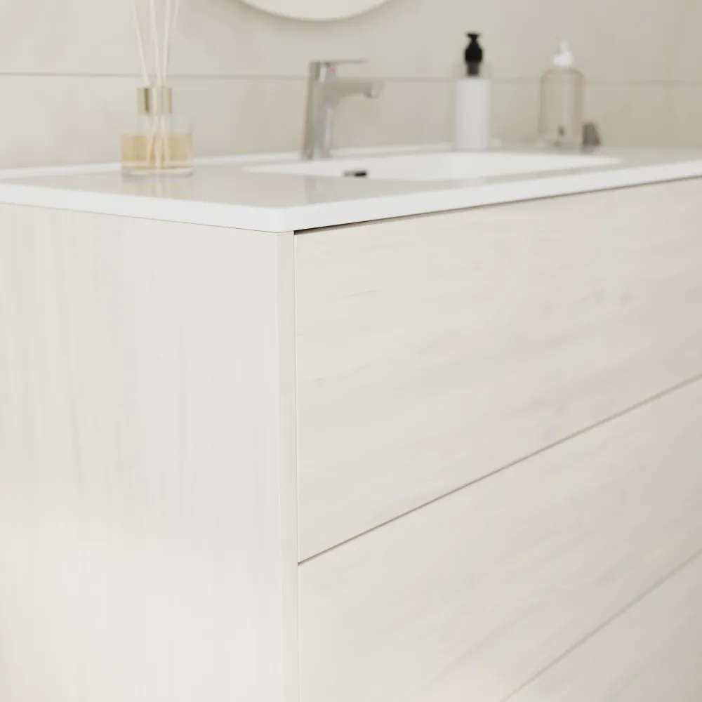 Mobile bagno a terra 100cm tre cassetti push&pull frassino con lavabo bianco lucido | Yaku