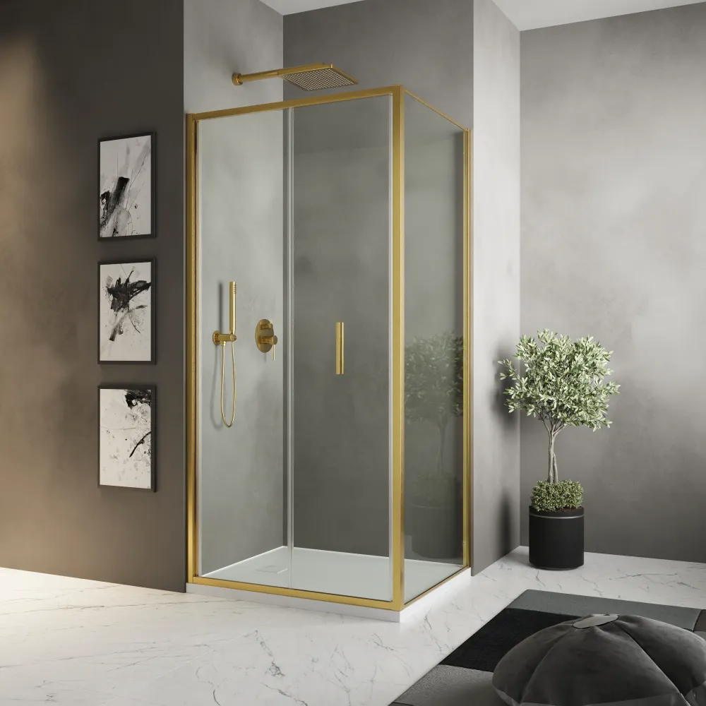 Box doccia slim 75x80cm con porta a libro e parete fissa profili oro spazzolato e vetro 6mm trasparente anticalcare h190| Portofino