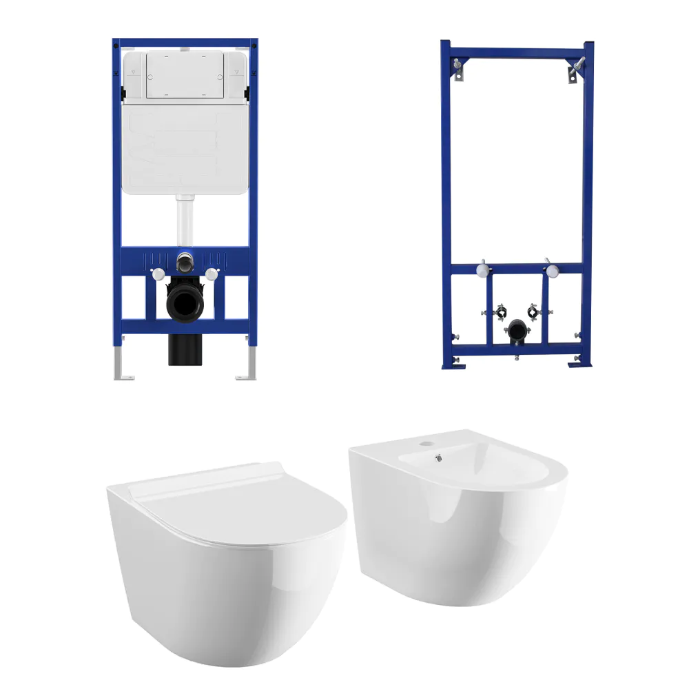 Kit coppia sanitari sospesi WC e bidet con sistema di scarico da incasso e telaio per bidet mod. Parigi bianco lucido