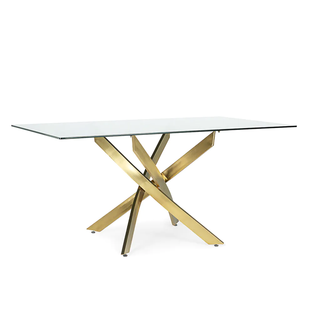 Tavolo rettangolare 160x90cm con top in vetro 8mm trasparente e gambe incrociate in acciaio oro | George