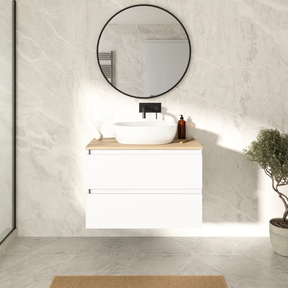 Mobile bagno sospeso 60cm due cassetti bianco opaco con top rovere chiaro | Hexa