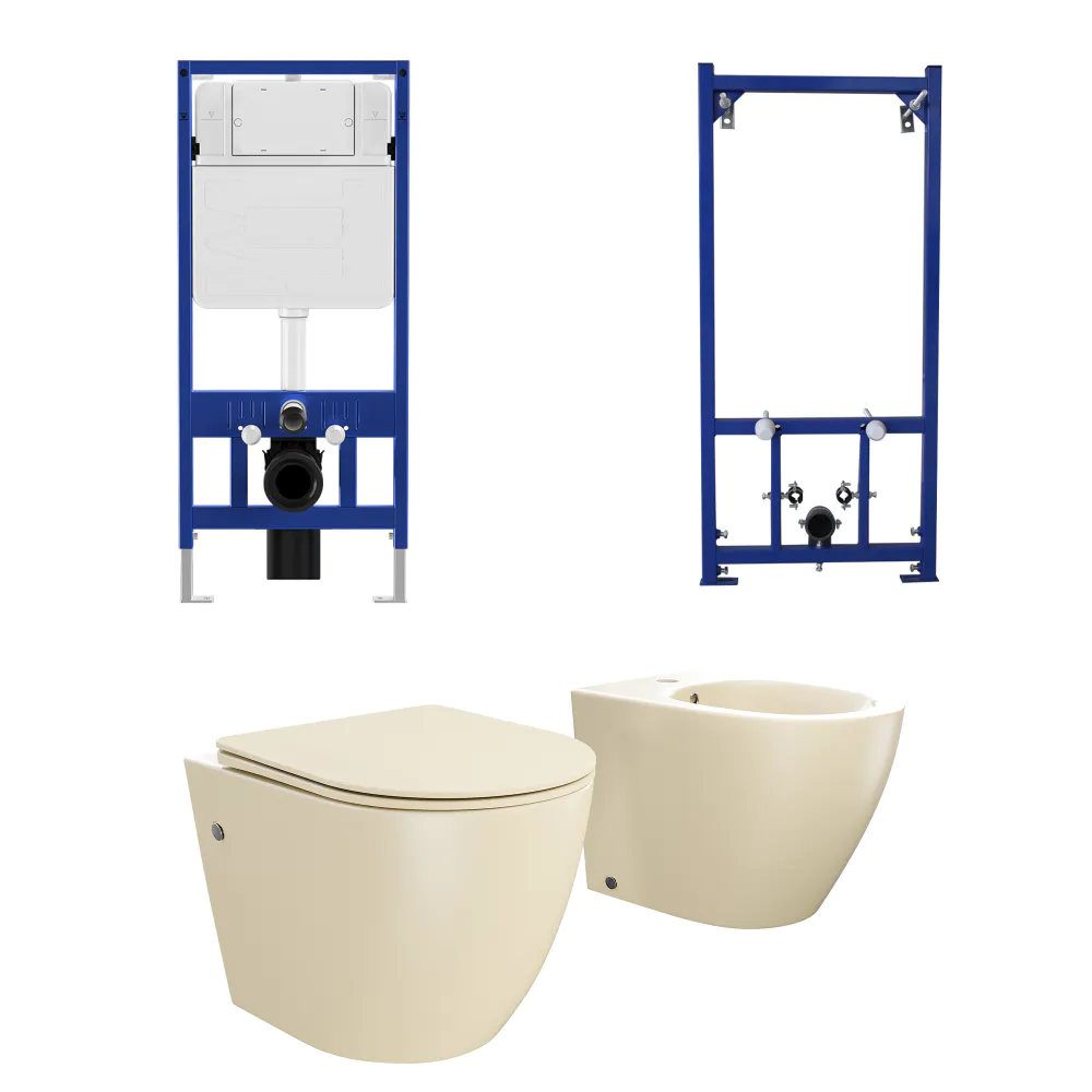 Kit coppia sanitari sospesi WC e bidet con sistema di scarico da incasso e telaio per bidet mod. Europa Small khaki Kit coppia sanitari sospesi WC e bidet con sistema di scarico da incasso e telaio per bidet mod. Europa Small khaki
