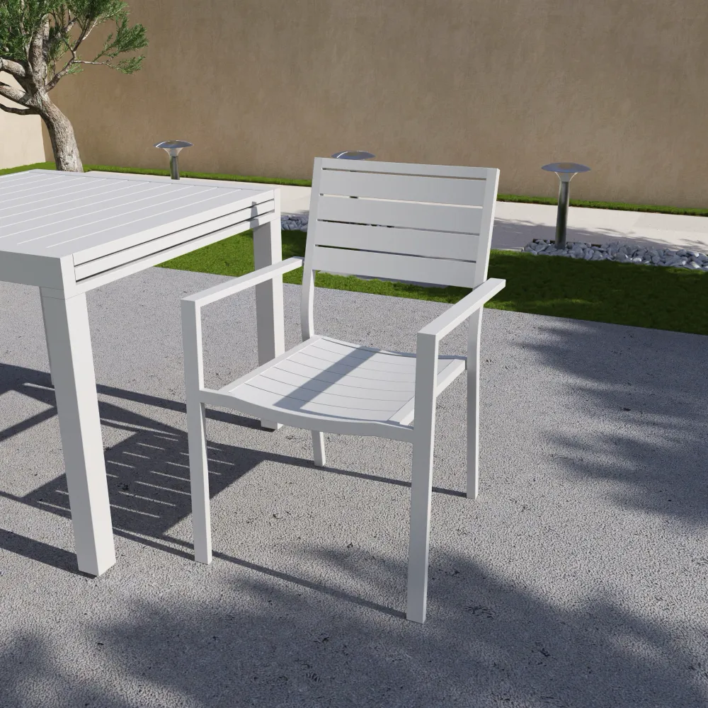 Sedia da esterno a doghe con braccioli in alluminio bianco | Zenor Sedia da esterno a doghe con braccioli in alluminio bianco | Zenor