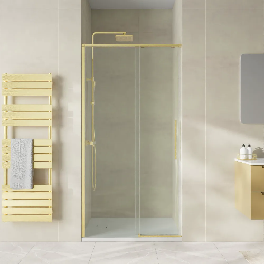 Nicchia doccia 110cm scorrevole vetro 8mm trasparente anticalcare profili oro spazzolato h200 | Gili Nicchia doccia 110cm scorrevole vetro 8mm trasparente anticalcare profili oro spazzolato h200 | Gili