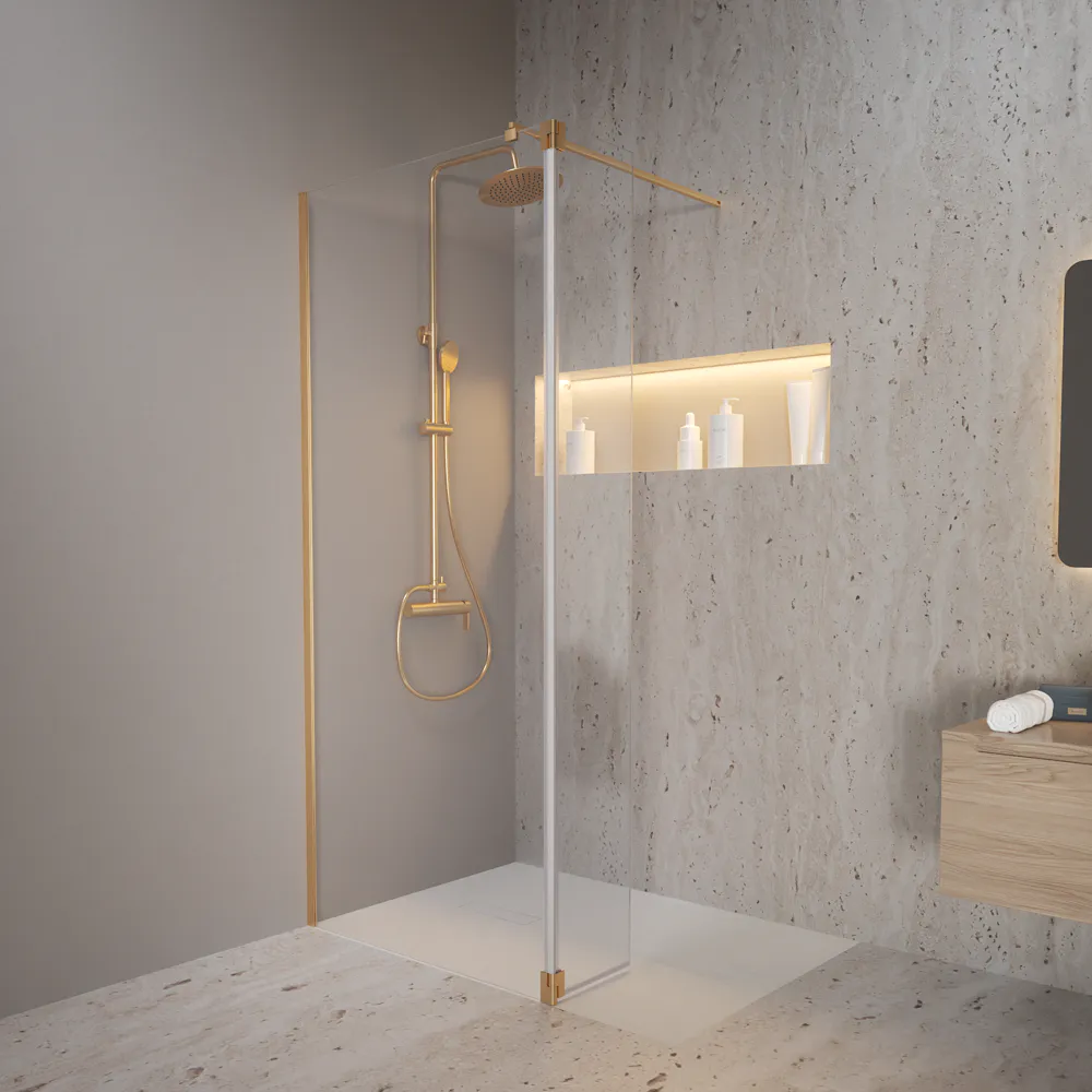 Doccia walk-in 60cm + anta girevole 30cm vetro 8mm trasparente anticalcare profili oro spazzolato h200 | Keros