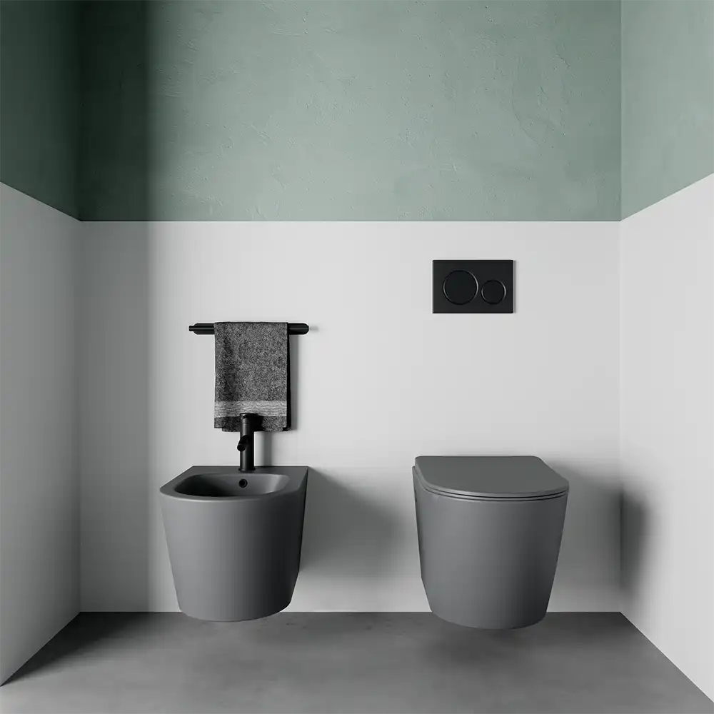 Sanitari sospesi in ceramica rimless grigio opaco: vaso, bidet e copriwc soft-close | Vienna Sanitari sospesi in ceramica rimless grigio opaco: vaso, bidet e copriwc soft-close | Vienna