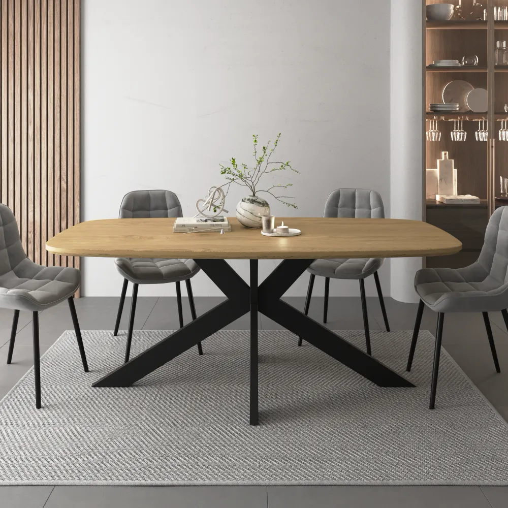 Tavolo ovale 200x100cm top in MDF effetto rovere chiaro e gambe in acciaio incrociate nero | Tove