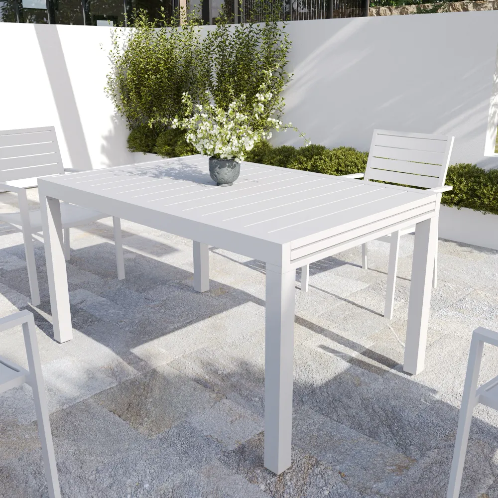 Tavolo da esterno rettangolare in alluminio bianco allungabile 135/270x90xh74cm con top a doghe | Marel Tavolo da esterno rettangolare in alluminio bianco allungabile 135/270x90xh74cm con top a doghe | Marel