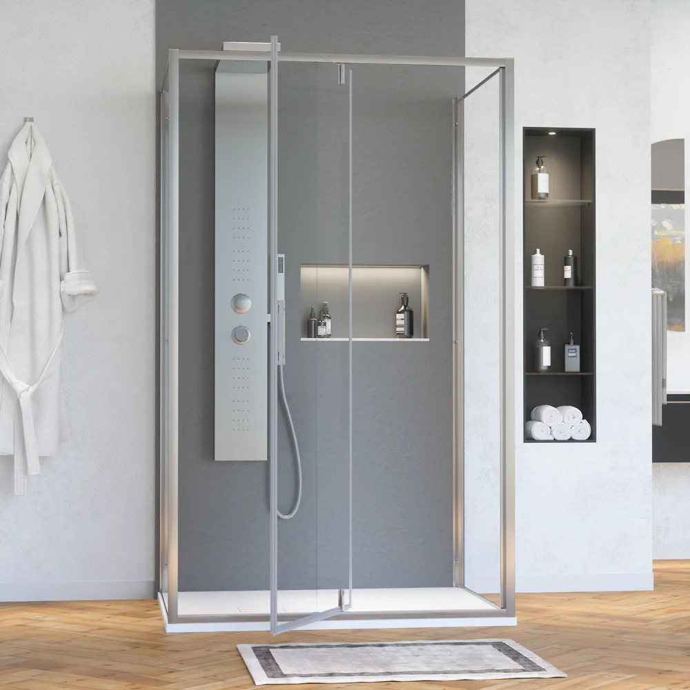 Box doccia cromato 3 lati 80x100x80cm porta battente con cernire e due pareti fisse vetro 6mm anticalcare trasparente h190 | Lerici Box doccia cromato 3 lati 80x100x80cm porta battente con cernire e due pareti fisse vetro 6mm anticalcare trasparente h190 | Lerici