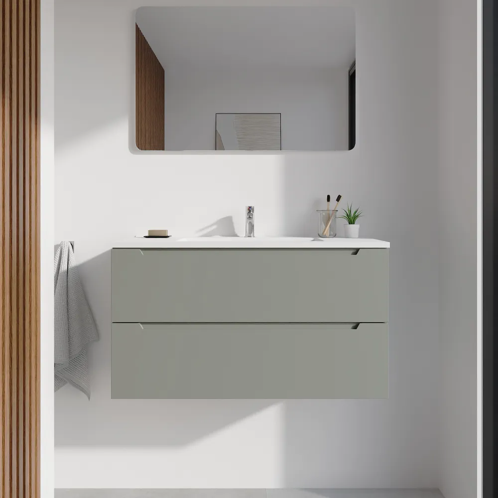 Mobile bagno sospeso 90cm smoke green due cassetti soft-close con lavabo bianco opaco| Bako Mobile bagno sospeso 90cm smoke green due cassetti soft-close con lavabo bianco opaco| Bako